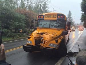 School Bus in a crash with the front smashed in